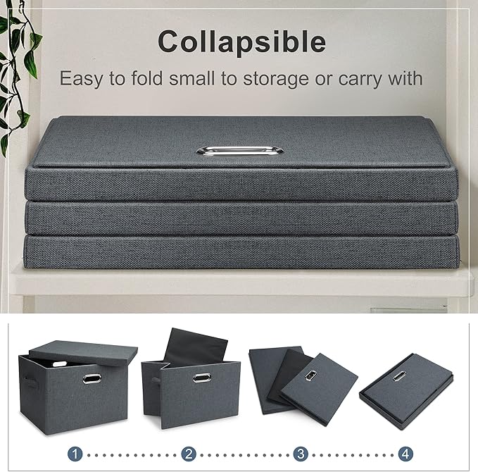 Large 17" 36 Quart Collapsible Stackable Storage Bins with Lids, 3 Packs Dark Gray Foldable Fabric Closet Storage Boxes with Lids, Heavy-duty Linen Cube Baskets(17x12x11)-Ruum Studio Home