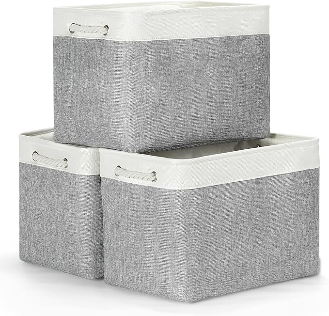 Bidtakay Large Storage Baskets for Organizing 3-Pack Fabric Closet Organizers Storage Bins with Handles 16x11.8x11.8 In Collapsible Baskets for Shelves Cloth Home Organization L-White&Grey-Ruum Studio Home