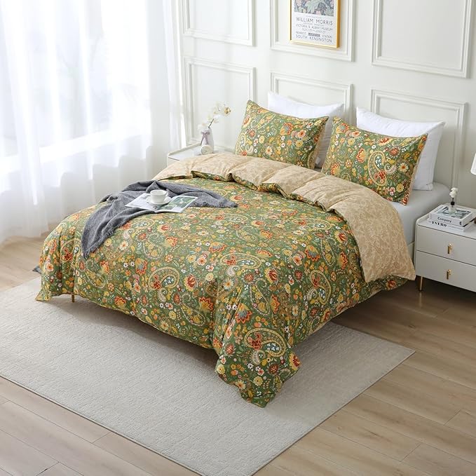 ABREEZE Paisley Bedding Sets 3Pcs Brushed Cotton Duvet Cover Set Queen Size Rustic Damask Green Floral Comforter Cover with Zipper Closure Boho Bedding Collections-Ruum Studio Home
