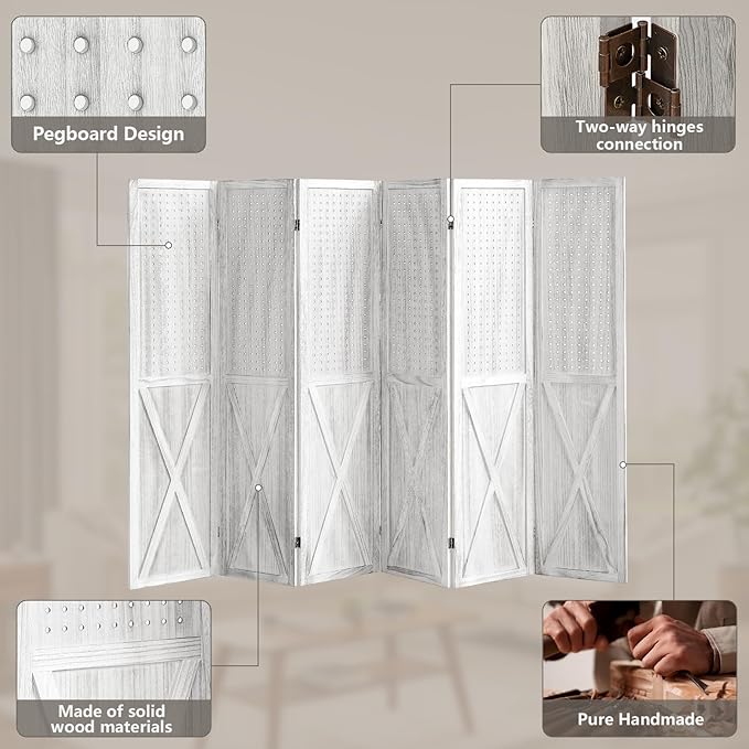 6 Panel Pegboard Room Divider, 5.6Ft Pegboard Display Folding Privacy Screens, Wood Room Divider Peg Board Display Freestanding for Trade Show Craft Show Home Wall Organizer, Retro White-Ruum Studio Home