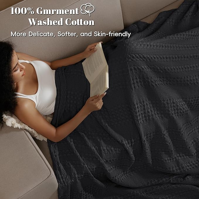 PHF 100% Cotton Waffle Weave Blanket Twin Size, Soft Lightweight Breathable Cozy Summer Blankets for Bed, Luxury Aesthetic Woven Bedding for Home Decor, 66"x90", Black-Ruum Studio Home