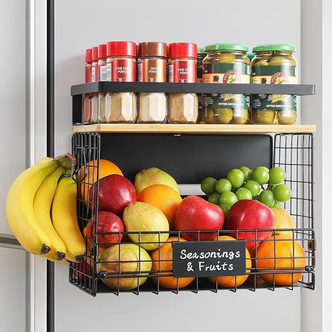 [WIDER Shelf]1 SET Strong Magnetic Shelf Basket for Fridge with Tag & Bamboo Top, XXL Large Magnetic Spice Rack Shelves for Side of Refrigerator, Kitchen Pantry Storage Organizer for Food Fruit Veg-Ruum Studio Home