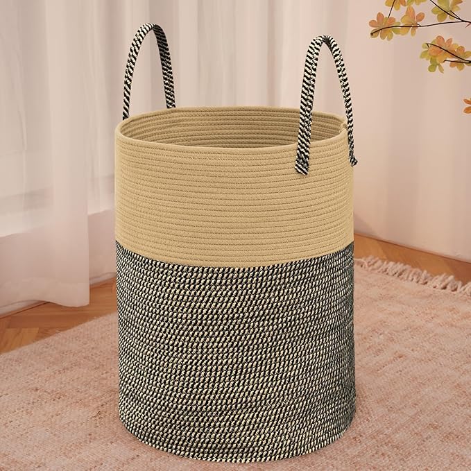 Large Woven Laundry Basket Hamper,80L Cotton Rope Storage Bin for Blankets,Toys and Clothes,Decorative Tall Nursery Hamper for Living Room,Baby Nursery,Bathroom and Bedroom,Brown and Black-Ruum Studio Home