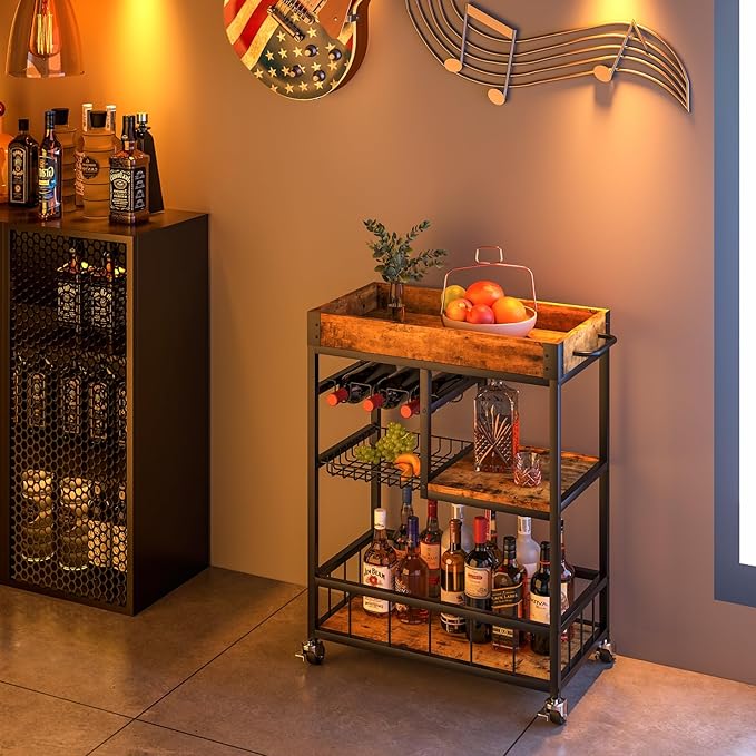 Bar Cart with Basket 3 Tiers Home Rolling Wine Rack with Wheels Mobile Kitchen Industrial Vintage Style Wood Metal Serving Trolley Serving Cart,Glass Holder Bar Cabinet-Ruum Studio Home
