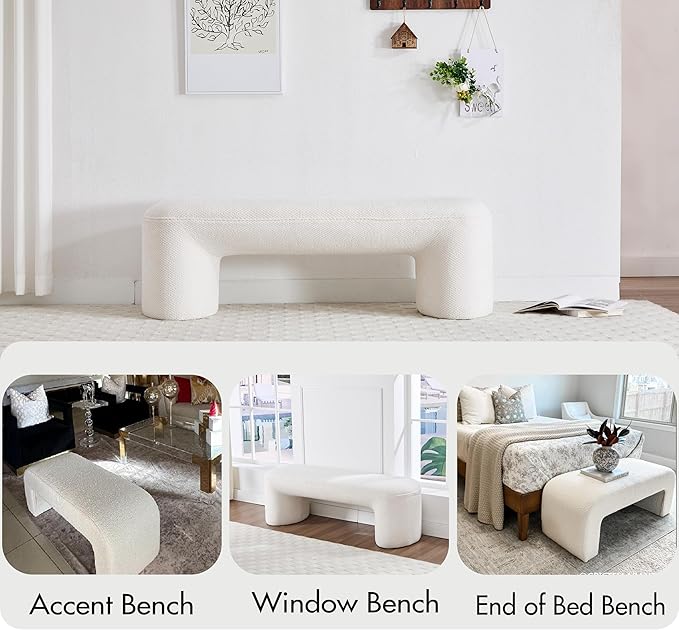 3-Piece 53" Comfy Upholstered Dining Bench with 2 Ottomans, Accent Waterfall Bench Modern End of Bed Entryway Bench Vanity Stool, White Chenille-Ruum Studio Home