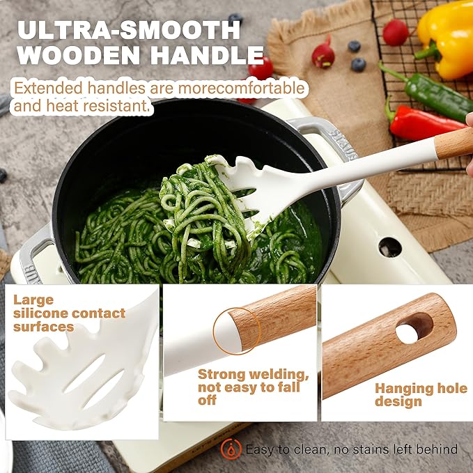 QMVESS Silicone Cooking Utensils Set, Kitchen Utensils Set 7 Pcs with Long Wooden Handle, Food Grade and Heat Resistant Large Silicone Spatula Set for Nonstick Cookware, BPA Free（White）-Ruum Studio Home