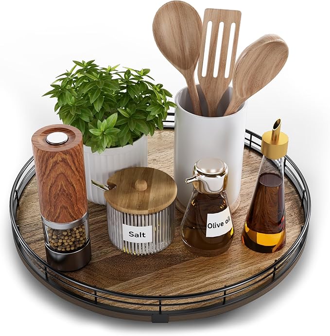 Acacia Wood 13" Lazy Susan Turntable Organizer for Table Top, Farmhouse Round Wooden Lazy Susan for Cabinet Kitchen Centerpieces Coffee Table, for Condiments Spices, Bathroom Vanity Tray Decor-Ruum Studio Home