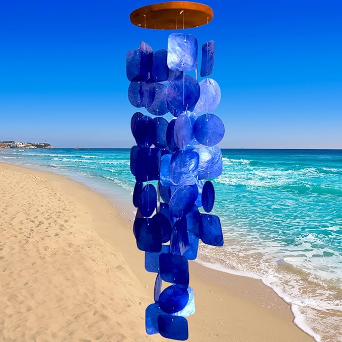Bellaa 27918 Wind Chimes Outdoor, Garden Decorations, Musical, Indoor/Outside Windchimes, Beach, Ocean Breeze, Gifts for Mom, Gift for All Occasions, Capiz Sea Glass Shells Wood Blue 27 inch-Ruum Studio Home