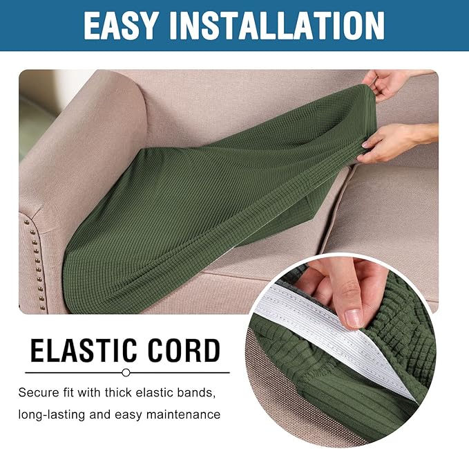 H.VERSAILTEX Super Stretch Individual Seat Cushion Covers - Sofa & Couch Cushion Slipcover Sets - Thick Jacquard Textured Twill Fabric (3 Piece XL Sofa Cushion Covers, Bronze Green)-Ruum Studio Home