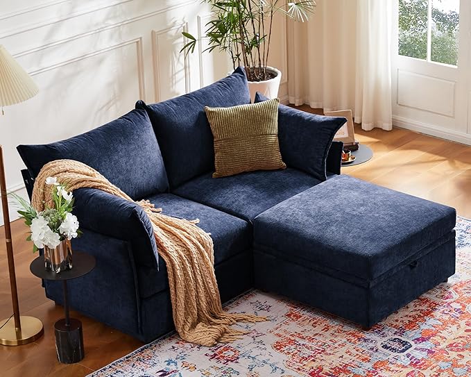 Luxury Modular Sectional Sofa, L-Shaped 3-Seat Couch with Storage Ottoman Deep Seat & Reversible Chaise Lounge Chenille Blue for Compact Spaces, Apartments, Dorm-Ruum Studio Home