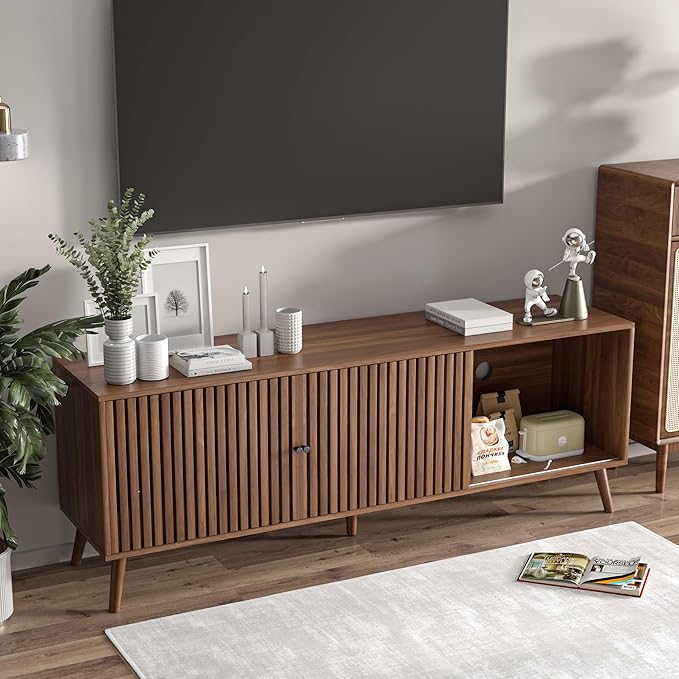 Mid Century Modern TV Stand for Televisions up to 70 Inches, with Sliding Doors and Storage, Television Stands, TV Consoles, Media Consoles for Living Room, 63 Inch (Walnut)-Ruum Studio Home