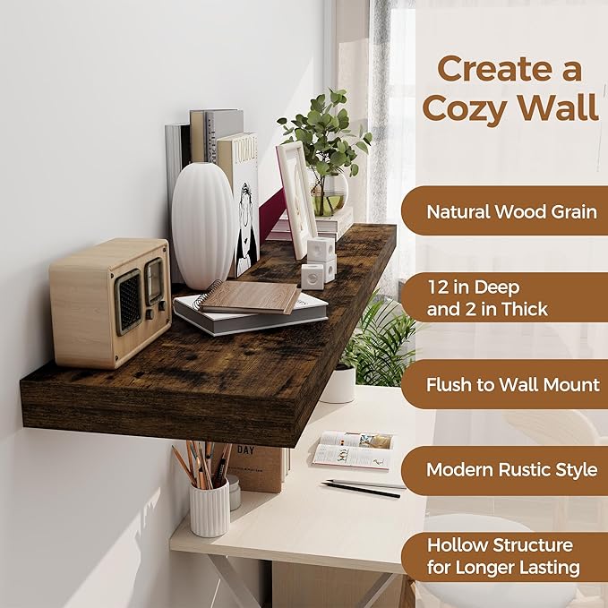 Floating Shelves 48 Inch Long, 12 Inch Deep Floating Shelves for Wall, 48 x 12 Large Wall Shelves for Home Storage & Display, 2" Thicked Floating Shelf for Bedroom, Living Room, Rustic Brown, 1 Pack-Ruum Studio Home