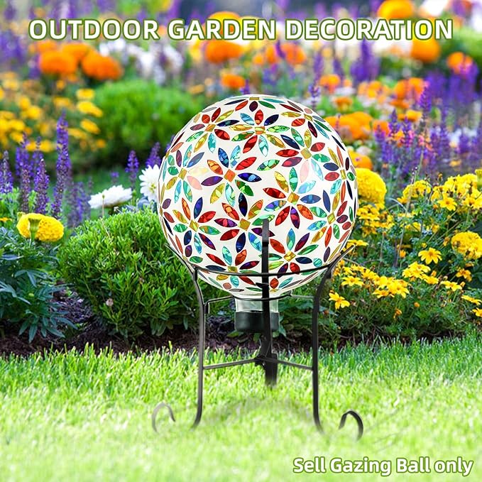 VOREEN Mosaic Glass Gazing Ball Outdoor Gazing Globe, Reflective Ball Yard Decoration for Homes, Patio, Lawn and Gardens, Gift for Mom Wife Friend, 10-Inch, Multi Colored Flowers Design-Ruum Studio Home