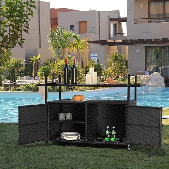 Wicker Outdoor Bar Cart - Black Patio Console Storage Table Buffet Cabinet Serving Kitchen Cart with Wheels for Outside Backyard-Ruum Studio Home