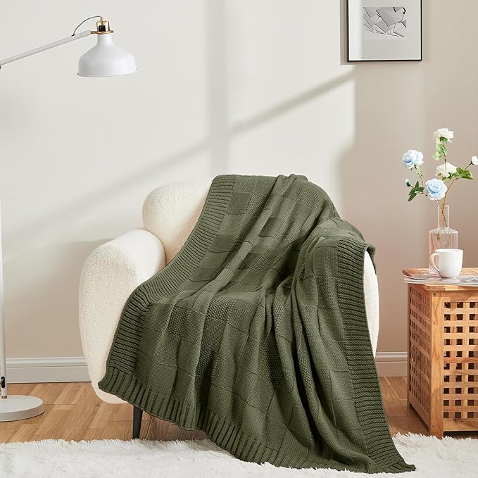 CozeCube Check Knit Throw Blanket, Olive Green Checkered Throw for Couch, Decorative Christmas Soft Cozy Warm Knitted Blanket for Bed Sofa Living Room, 60"X80"-Ruum Studio Home