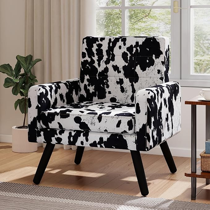 Kromax Mid-Century Modern Accent Chair for Living Room, 496 Lb. Weight Capacity, Dual Armrests, Comfy Extra Large Seat, Timeless Style Perfect for Reading & Relaxing, Cow Pattern-Ruum Studio Home