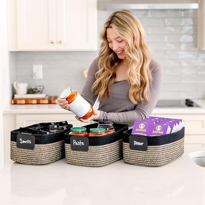 NaturalCozy 13.5”x8.5”x5.5” Rectangle Storage Baskets for Shelves 3 Pack | Cotton Rope Woven Small Baskets for Organizing | Small Storage Bins for Nursery, Bathroom, Closet, Shelf, Decorative-Ruum Studio Home