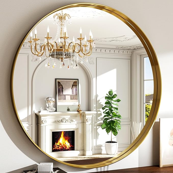 48 Inch Round Bathroom Mirror - Wall Mounted Circle Mirror with Metal Frame, Modern Mirror Suitable for Bathroom, Vanity, Entryway, Living Room, Wall Decor,Gold-Ruum Studio Home