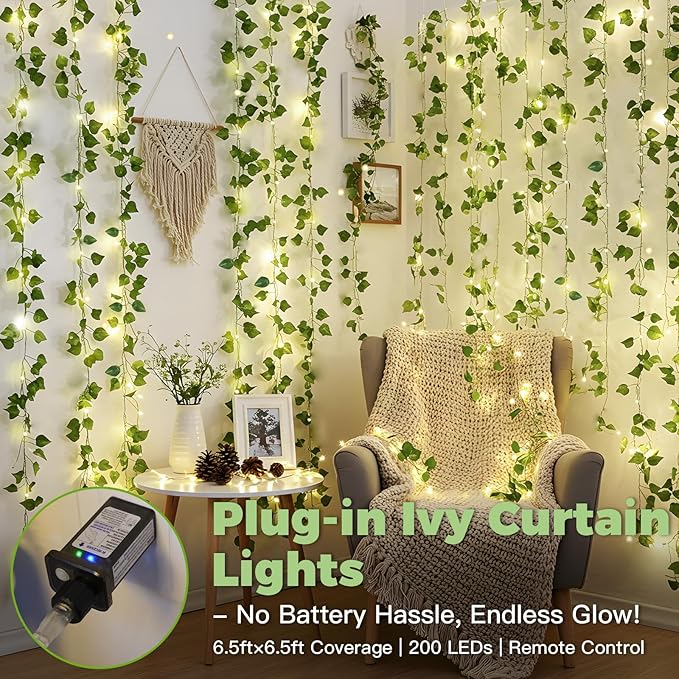 suddus 200 LED Vine with Light Plug in, 6.5ft x 6.5ft Pothos Fairy Curtain Lights with Remote, Leaf Fairy Lights for Wall,Bedroom, Dorm, Wedding, Party, Indoor Decor(Warm White)-Ruum Studio Home