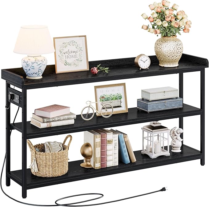 IRONCK Console Table, Sofa Table with Power Outlet, Farmhouse Hallway Table for Entryway, Living Room, Height Adjustable, Easy Assembly, Vintage Black,55"-Ruum Studio Home