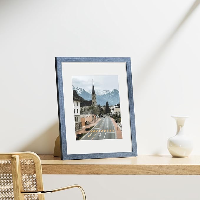 Vittanly 11x14 Picture Frames Set of 9, Shatter Resistant Plexiglass, Display 8x10 Pictures with Mat or 11x14 without Mat, Photo Frames for Wall or Tabletop, Engineered Wood, Navy-Ruum Studio Home
