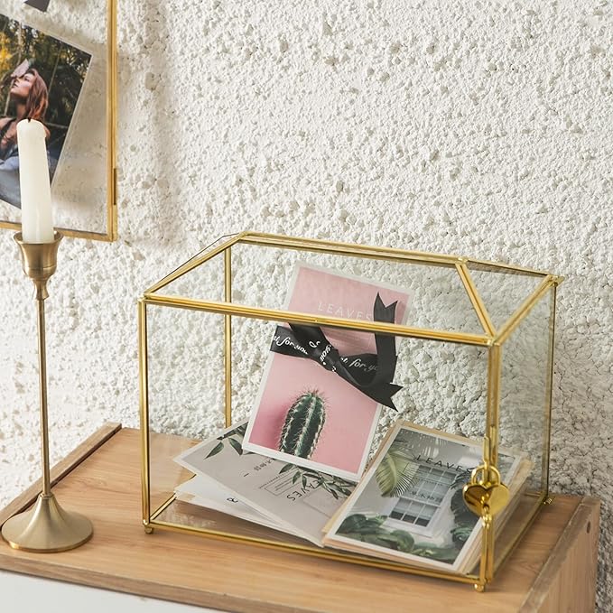Glass Wedding Card Box with Slot, Large Clear Card Box 10.2 inch Gold Brass Gift Card Storage Box with Lock for Wedding Receptions, Baby Shower, Birthday Party, Bridal Shower-Ruum Studio Home