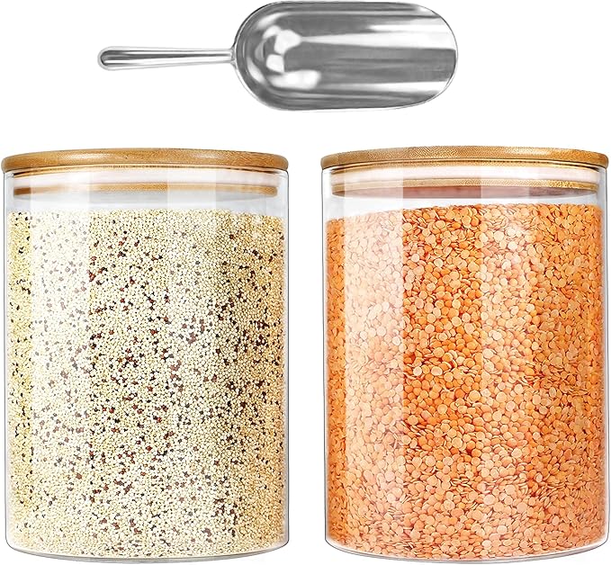 Urban Green Glass Jar with Bamboo Lids (2 sets 100oz) with Metal Scoop, Food Storage Containers with Airtight Lids, Glass Canisters sets, Flour Container Jar-Ruum Studio Home