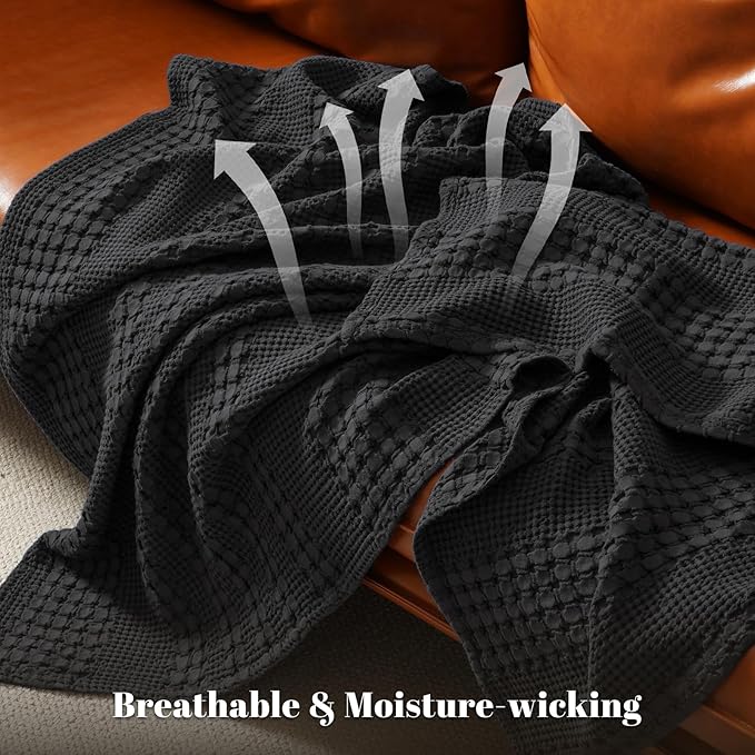 PHF 100% Cotton Waffle Weave Throw Blanket, Soft Lightweight Breathable Cozy Summer Throws for Couch Bed Sofa, Luxury Aesthetic Woven Blanket for Home Decor & Office, 50"x60", Black-Ruum Studio Home