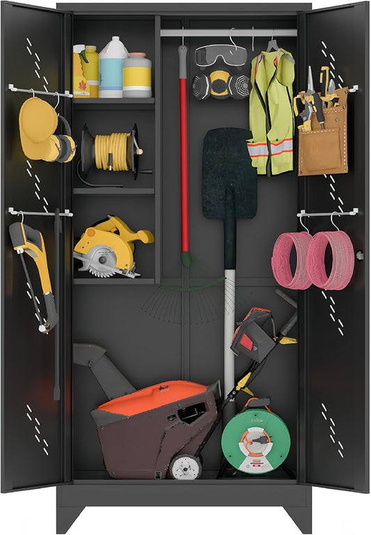 75" Metal Storage Cabinet, Tool Cabinets with Hooks, Garage Storage Cabinet with Lock, Heavy-Duty Tool Cabinet for Utility Room, Gym, Basement, Broom Closet Cabinet, Black-Ruum Studio Home