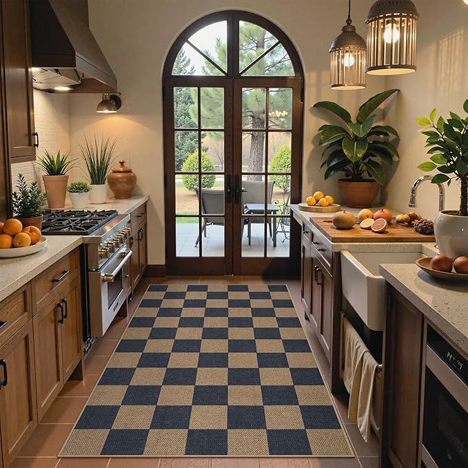 Lahome Checkered Easy Jute Indoor Outdoor Carpet, 3x5 Washable Rugs for Entryway Living Room Farmhouse Area Rug, Non Slip Blue Checkerboard Indoor Door Mat for Entry Patio Deck-Ruum Studio Home