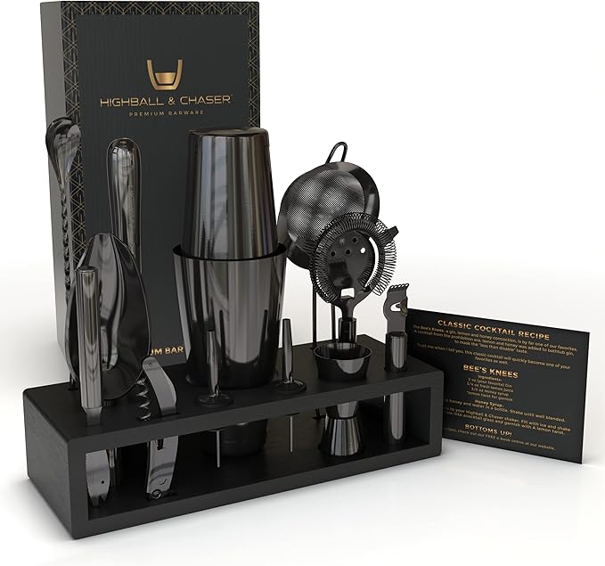 Highball & Chaser 13-Piece Gunmetal Black Stainless Steel Boston Cocktail Shaker Bar Tool Set with Mixology Bartender Kit Accessories-Ruum Studio Home