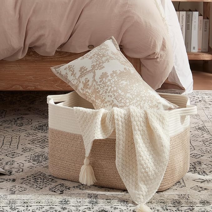 OIAHOMY 65L Blanket Basket, Cotton Rope Woven Blanket storage for Living Room, Rectangle Woven Baskets for Storage, 20''×16''×12'', Brown and White-Ruum Studio Home