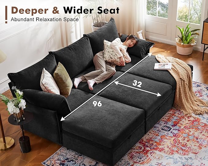102.6" Modular Sectional Sofa, Oversized 3-Seater Couch with Removable Black Chenille Fabric Cover, Deep Seat & High Backrest for Living Room, Office & Apartment-Ruum Studio Home
