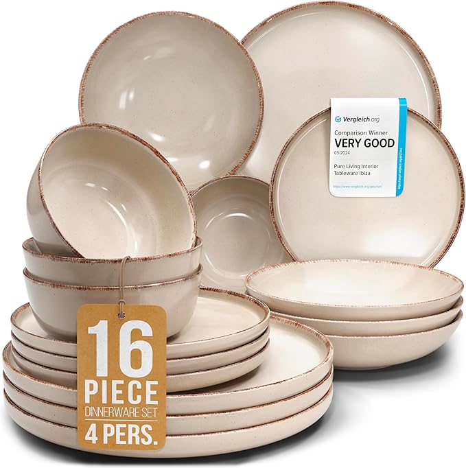 Earthenware dinnerware set 4 persons Rustic 16 pcs - Rustic design dinnerware set, dishwasher safe - Bowl and plate set - Pure Living dinnerware in beige…-Ruum Studio Home