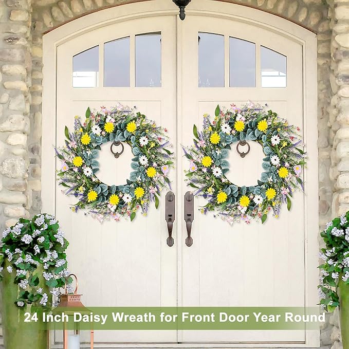 Artgar Spring Wreaths for Front Door, 24 Inch Daisy Wreath, Artificial Spring Summer Wreath with Eucalyptus Leaves Paper Flowers for Indoor Outdoor Home Door Window Wall Wedding Decor-Ruum Studio Home