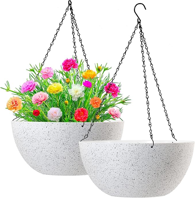 WOUSIWER 13 inch 2Pack Large Hanging Planters for Outdoor Indoor Plants with Drainage Holes and Chain, Round Hanging Flower Pots for Garden Home Porch Decor, White Speckles-Ruum Studio Home