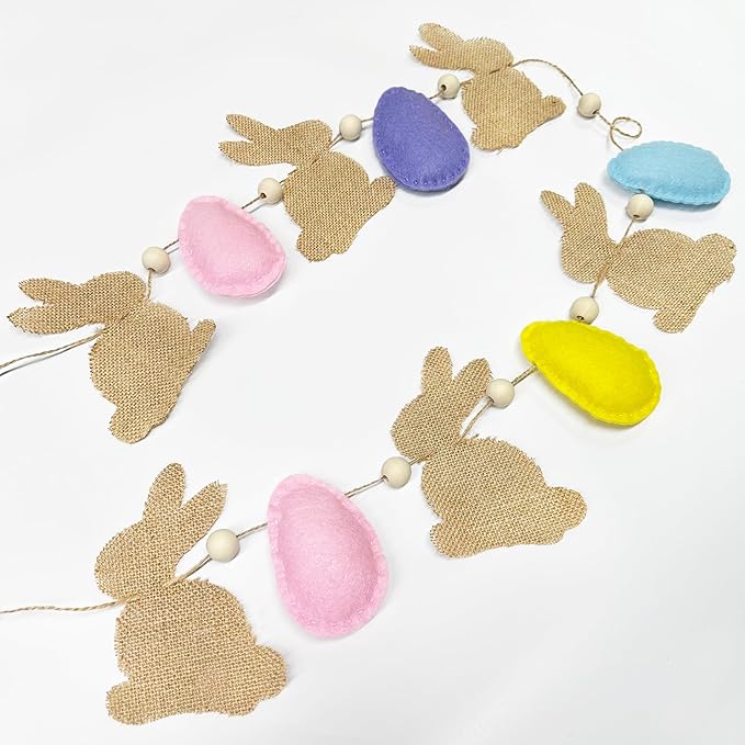 Easter Party Decorations Burlap Rabbit Bunny 3D Felt Egg with Wood Beads Garland Felt Easter Sign Burlap Pennant Banner Flag with Pastel Ribbon for Easter Spring Birthday Baby Shower Party Supplies-Ruum Studio Home