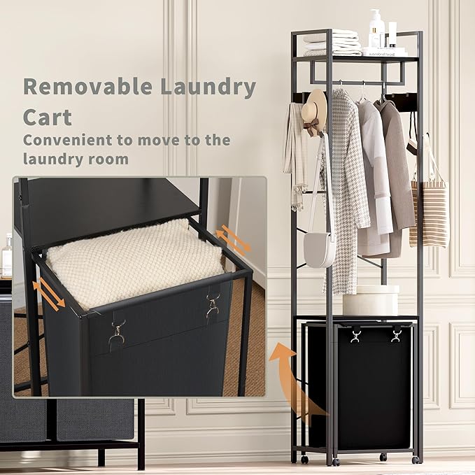 Coat Rack with Laundry Basket, Laundry Hamper Freestanding Hall Tree, Clothes Rack with Storage Shelves, 14.5 Gal Removable Bags on Wheels, Black JLH005B-Ruum Studio Home