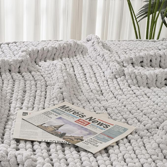 Esterra Chunky Knit Blanket Throw 60"x80", 100% Hand Knitted Chenille Throw Blanket, Cozy Soft Thick Cable Knit Throw Large Rope Knot Crochet Throw Blanket for Sofa Couch Bed, Light Gray-Ruum Studio Home