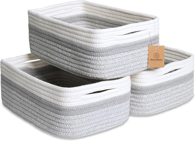 NaturalCozy 11.8"x8"x4.5” Storage Baskets for Shelves 3 Pack | Cotton Rope Woven Small Baskets for Organizing | Small Storage Bins for Nursery, Bathroom, Closet, Cube Shelf, Decorative, Gift Basket-Ruum Studio Home