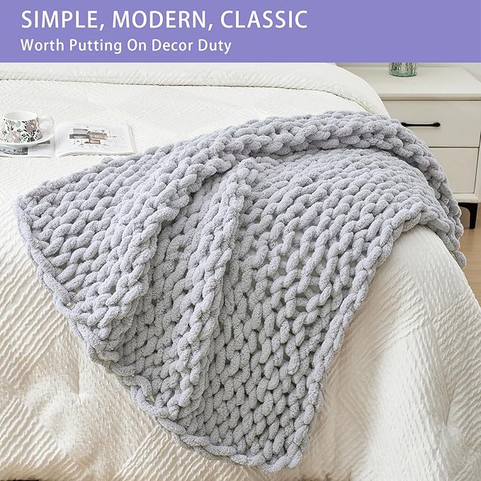 Bigacogo Chunky Knit Throw Blanket for Couch, 40x40 inches, 100% Hand Knitted with Thick Jumbo Chenille Yarn, Cozy Soft Large Rope Knot Cable Crochet Blankets for Sofa Bed Living Room, Light Grey-Ruum Studio Home