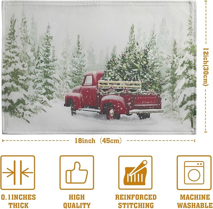 Red Truck Christmas Placemats Set of 4, 12x18 Inch Green Pine Tree Snow Xmas Table Mats Seasonal Rustic Farmhouse Linen Fabric Place Mats for Winter Holiday Party Kitchen Dining Decor-Ruum Studio Home