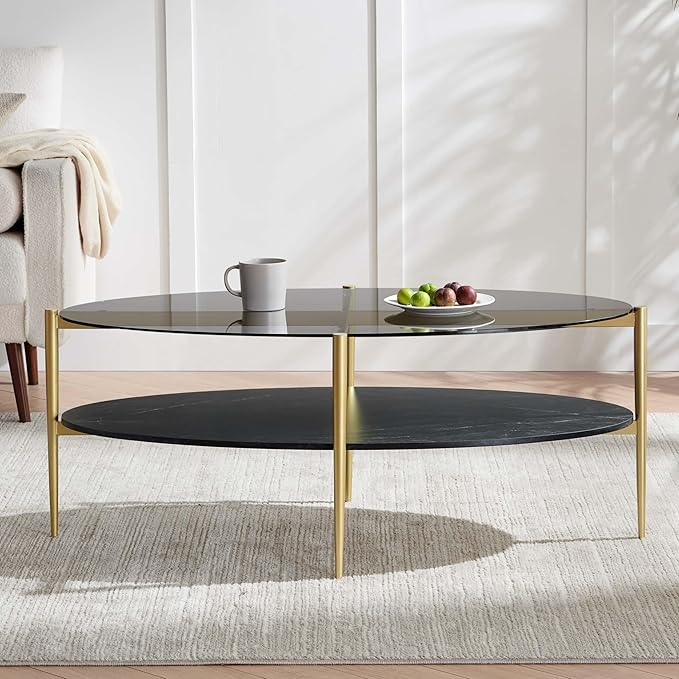 Oval Glass Coffee Table, Mid-Century Modern Design, L43 x W22 x H17 inch, Surfboard Shaped Grey Glass Top and Black Marble Finish Wood Shelf, Tapered Legs with Gold Finish Frame-Ruum Studio Home