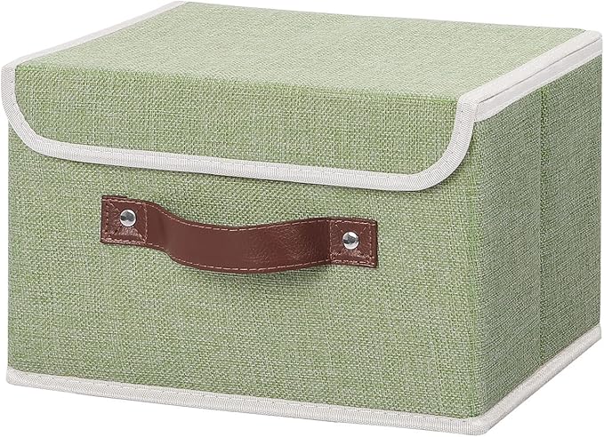 ANMINY Storage Bin with Lid Storage Boxes with PU Leather Handles PP Plastic Board Decorative Foldable Lidded Cotton Linen Fabric Home Cubes Baskets Closet Organizer Container - Green, Small Size-Ruum Studio Home