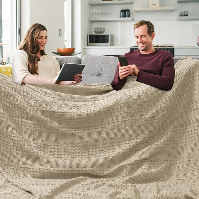 PHF 100% Cotton Waffle Blanket Oversized King 120"x120", Lightweight Breathable Extra Large 10'x10' Summer Blankets for Bed, Giant Big Luxury Aesthetic Woven Bedding for Home Decor, Khaki-Ruum Studio Home
