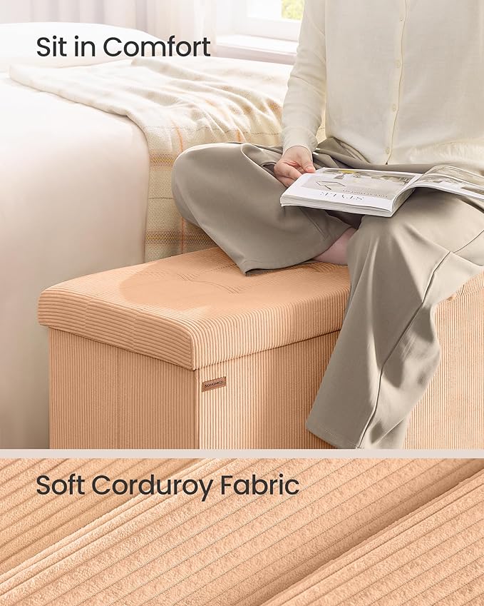SONGMICS MAZIE Collection - Storage Ottoman Bench, Foldable Foot Rest, 15 x 43 x 15 Inches, End of Bed Bench, Storage Chest, Load 660 lb, Living Room, Bedroom, Entryway, Apricot ULSF604O01-Ruum Studio Home