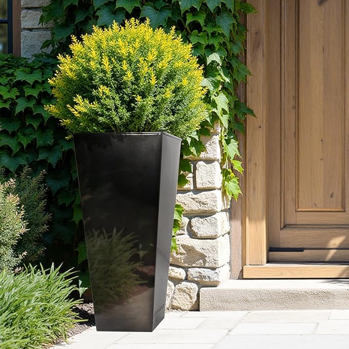 Worth Garden 28" H. Large Metal Glazed Planter Set of 2, Modern Glossy Finish Black Tall Square Tapered Steel Flower Plant Pots for Indoor & Outdoor Use - Insert Plate with Drain Holes, Air Vents-Ruum Studio Home