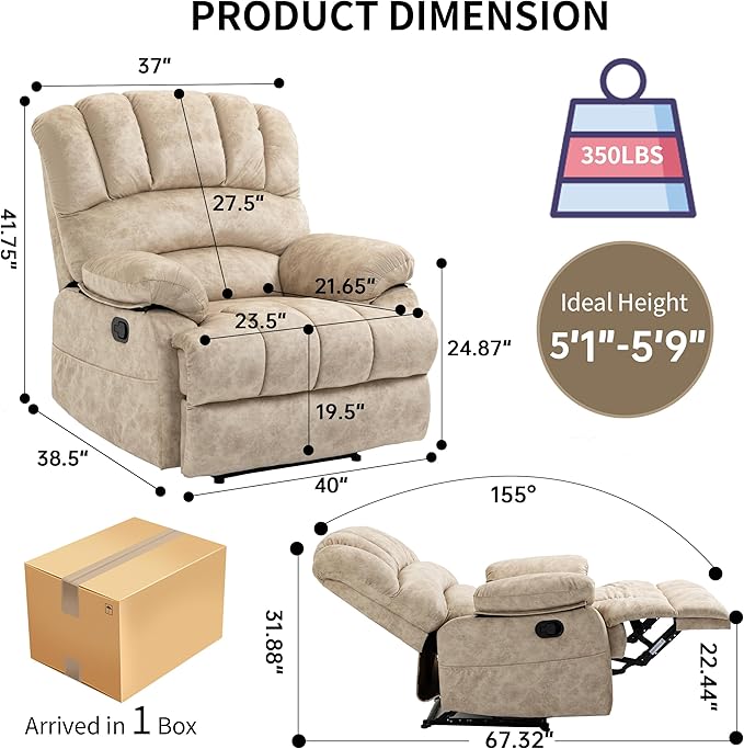 Luxlen Large Manual Recliner Chair,Soft Fabric Push Back Recliner with Overstuffed Armrest and Backrest, Living Room Single Sofa Recliners,Beige-Ruum Studio Home