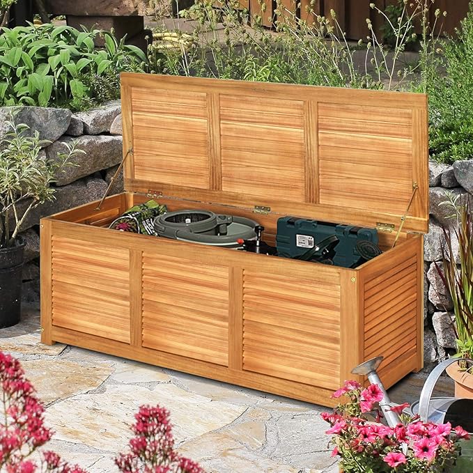 Tangkula 46 Gallon Acacia Wood Deck Box, Garden Backyard Storage Bench, Outdoor Storage Container for Patio Furniture Cushions and Gardening Tools (Natural)-Ruum Studio Home