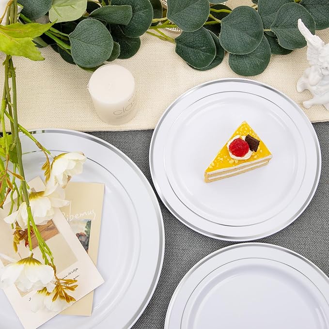 FLOWERCAT 60PCS Silver Plastic Plates - Heavy Duty White and Silver Plastic Plates Disposable - Include 30PCS 10.25inch Dinner Plates and 30PCS 7.5inch Dessert Plates for Wedding&New Year-Ruum Studio Home